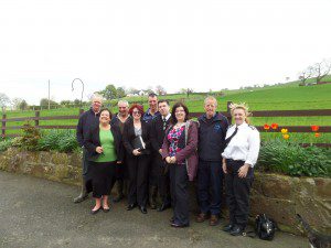 L-R are: Farmer, Ewan Bennie; Jackie Baillie MSP, George Munn, Mary Fisher NFUS, John Munn, Hamish MacIntosh SSPCA, Christine Cuthbertson NFUS, Donald Pertie West Dunbartonshire Council Access Officer and  Nicky Scott SSPCA 