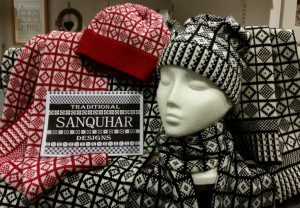 Sanquhar Pattern hats and scarves in A’ the Airts crafts shop.