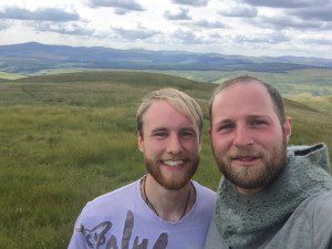 Daniel-Leigh-left-and-Justin-K-Prim-American-Merlin-expert-on-Hartfell-overlooking-Queensberry