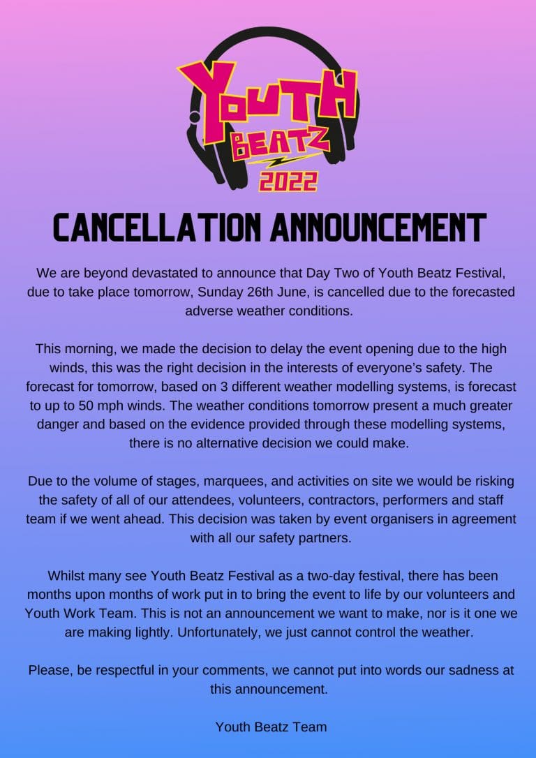 YOUTH BEATZ CANCEL DAY 2 DUE TO WEATHER FORECAST